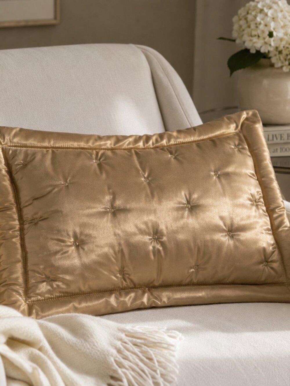 Restoration Hardware 100% Silk Quilted Cushion Cover Gold Champagne 13x17 Luxury